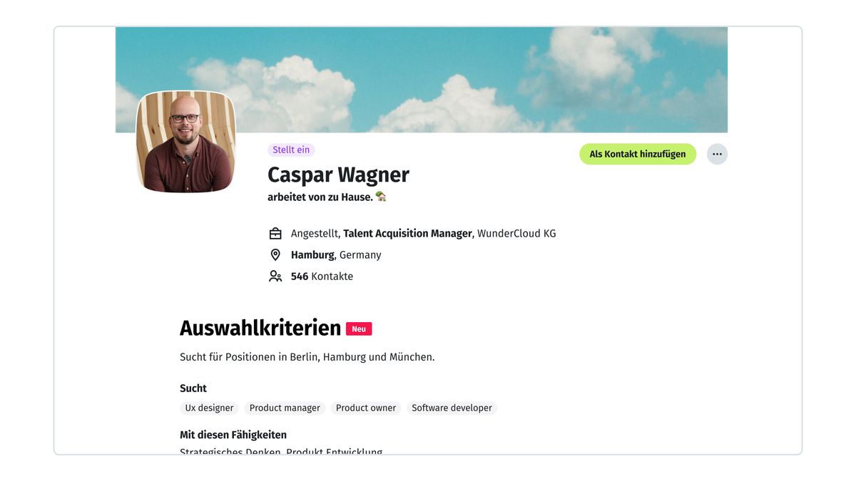 Recruiter·innen erkennst Du am lilafarbenen Badge "Stellt ein". 