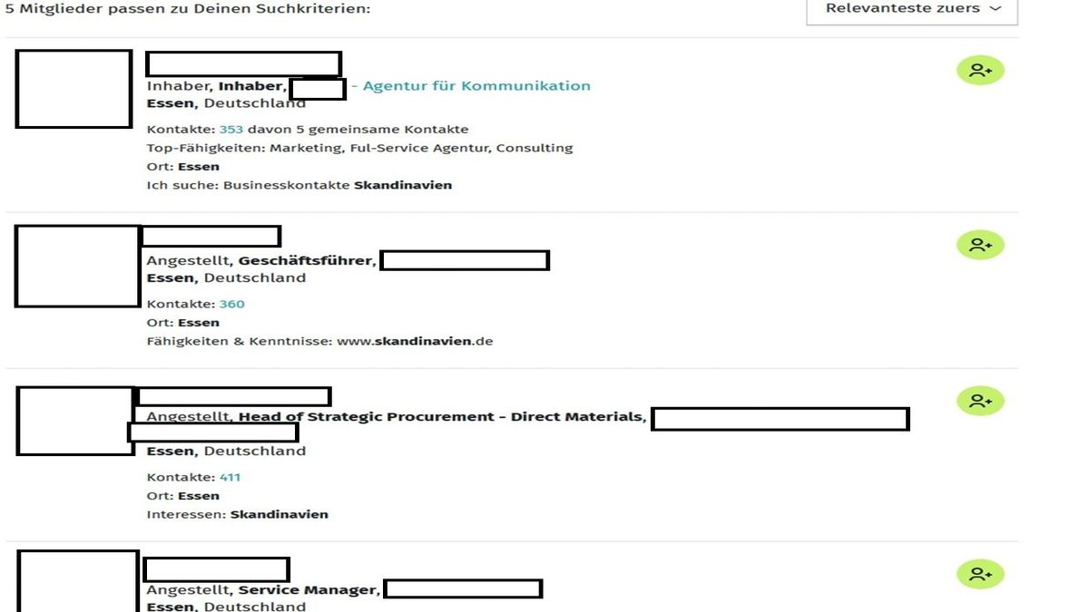 Suchergebnisse der erweiterten Suche bei XING