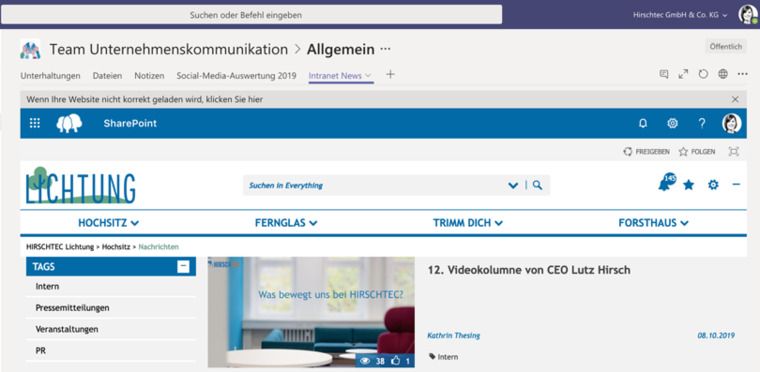 Einbindung Intranet-News über Registerkarten - Copyright: HIRSCHTEC
