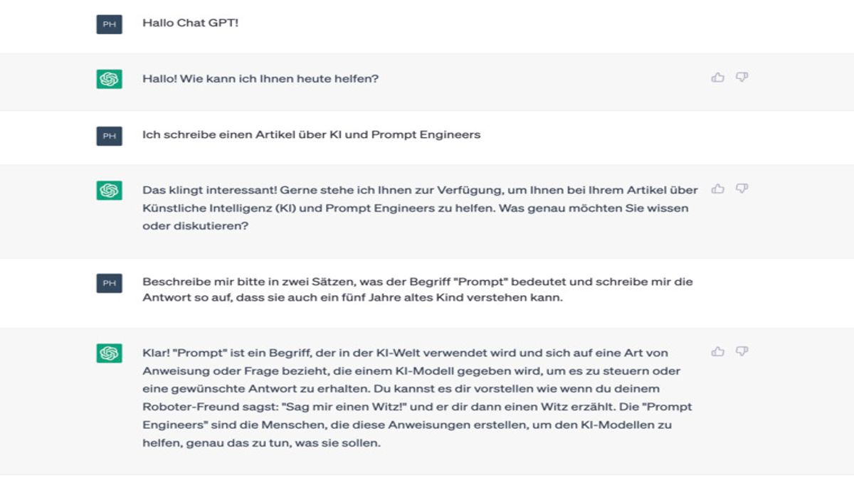 Eine beispielhafte Konversation mit Chat GPT zum Thema Prompts.