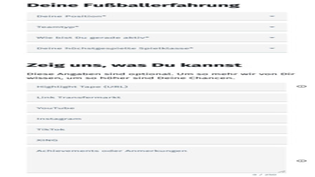 In der Bewerbungsmaske auf ballerleague.xing.com kannst Du Deine Fußball-Fähigkeiten im Detail auflisten.