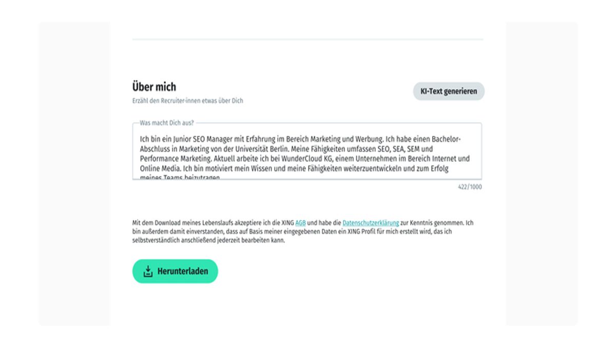 Scrolle unter "Lebenslauf gestalten" nach unten. Dort entdeckst Du unseren neuen KI-Editor.