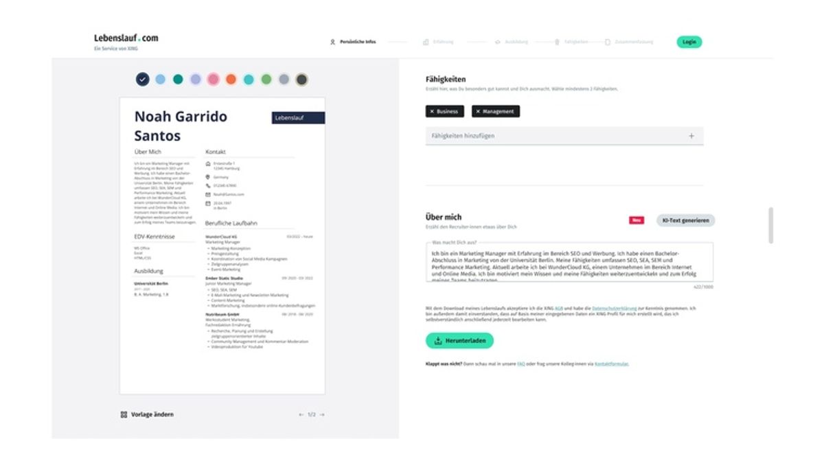 Nutze die Design-Vorlagen auf Lebenslauf.com inkl. KI-generiertem "Über mich"-Text