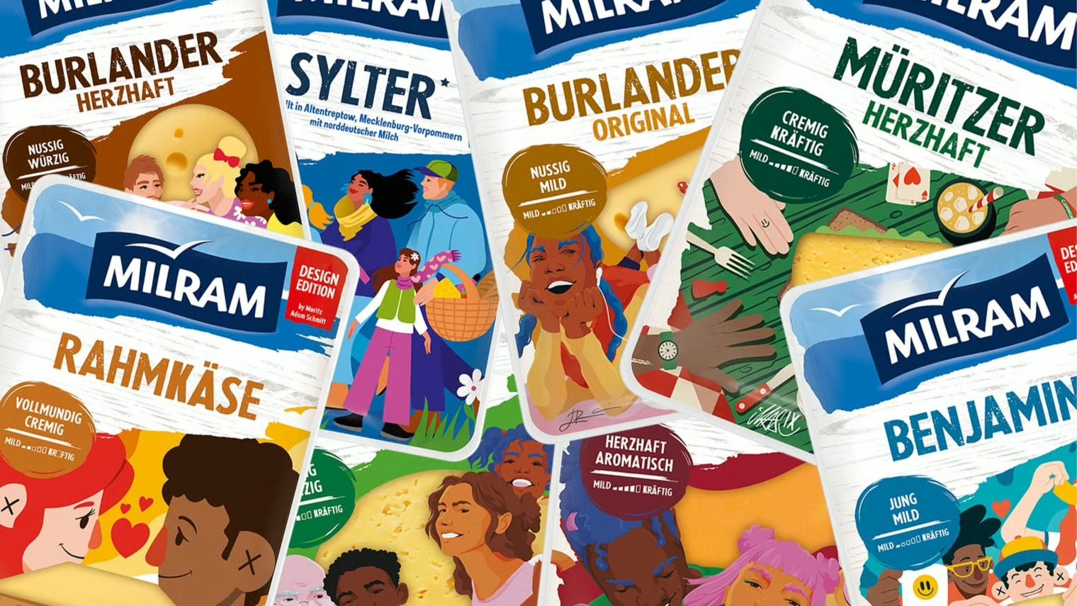 Um eine junge Zielgruppe anzusprechen wurde für die Marke Milram eine neue Kampagne mit bunten Verpackungen gestartet. Foto: PR / Montage